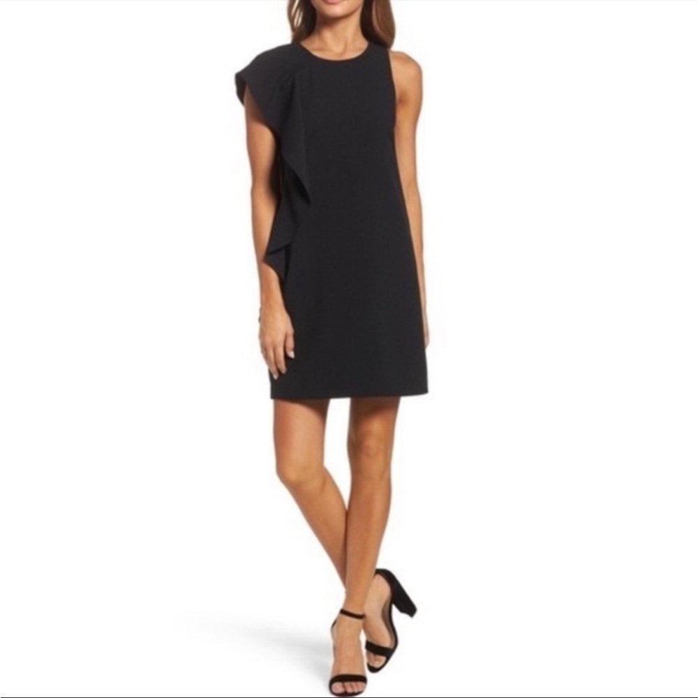Chelsea28 black asymmetrical ruffle shift dress dramatic shoulder ruffle size 2
